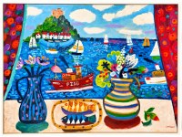 44" x 60" Vase and Pitcher Harbor Coast Framed Canvas