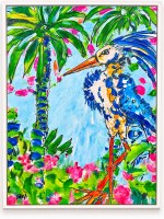 40" x 30" Blue Heron and Palms 1 Coastal Framed Canvas