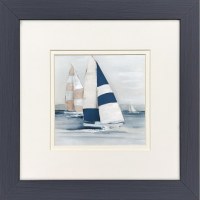 12" Sq  Three Blue and Tan Sailboats Framed Coastal Print
