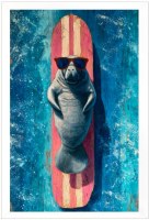 26" x 20" Manatee on Surfboard Gel Textured Framed Coastal Print