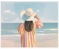 26" x 35" Striped Woman at the Beach Framed Coastal Canvas