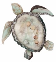 15" White, Aqua, and Antiqued Silver Capiz Turtle Plaque