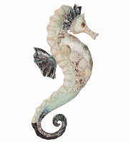 13" White, Aqua, and Antiqued Silver Capiz Seahorse Plaque
