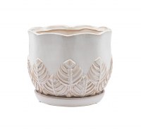 9" Round Ivory Leaf Pot With Saucer
