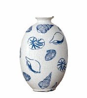 11" Distressed Blue Shells on White Ceramic Vase