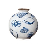 7" Distressed Blue Shells on White Ceramic Vase