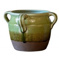 9" Green and Brown Four Handle Ceramic Vase