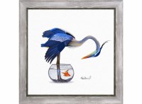 44" Sq Blue Heron in Fish Bowl Coastal Gel Textured Print in Distressed Gray Driftwood Frame