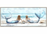 22" x 50" Two Mermaids on the Beach Coastal Framed Canvas