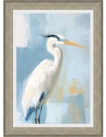 44" x 32" Blue and White Heron 1 Coastal Gel Textured Print in a Distressed Natural Frame