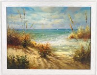 36" x 46" Amber Sea Oats on Beach Coastal Gel Textured Print in a Whitewashed Framed