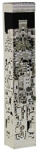 Mezuzah Case with Silver Colored Lazer Cut Metal Jerusalem and Beis HaMikdash Design 12cm