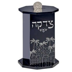 Acrylic Hexagon Tzedakah Box Jerusalem Design Black 3.75" x 5.6"
