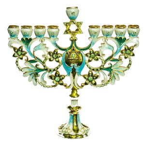 Candle Menorah Enamel Bejeweled Turquoise Flowered Magen David Branches 7"