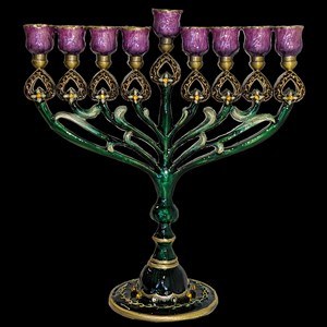 Metal Oil Menorah Jeweled Floral Design 6.5"