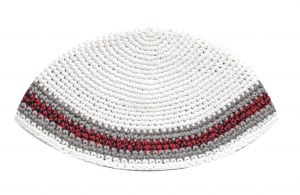 White Frik Kippah with Red and Gray Border 21cm
