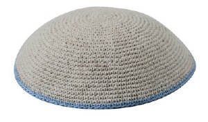 Knitted Kippah Tan with Light Blue Border