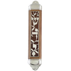 Light Brown Wooden Mezuzah Case with Metal Plate Design - 15cm