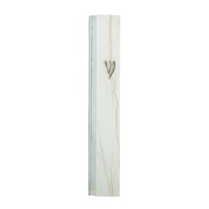 Glass Mezuzah Case White and Gray Marble Look Designed with Gold Shin 15cm