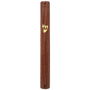 Plastic Wood Color Mezuzah Case with Gold Shin 12cm