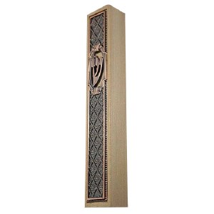 Mezuzah Wood with Copper Diamond Design Plate 15cm