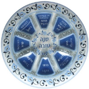 Shana Tova Simanim Plate Blue Pomegranate Design 14 inches