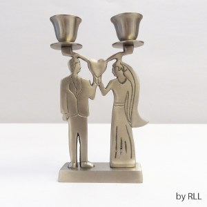 Stainless Steel Candlesticks Antique Silver Bride and Groom Holding Heart 2 Lights Single Base 6.5"