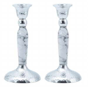 Hammered Nickel Candlesticks White Marbleized 7"