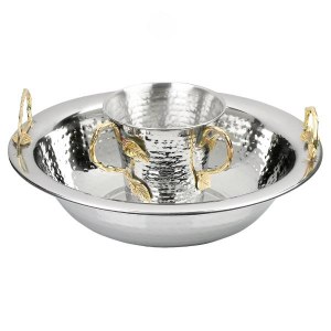 Stainless Steel  Wash Cup and Bowl Set Hammered Design Gold Leaf Handles