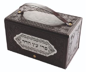 Esrog Box Faux Leather Brown Designed with Handle and Laser Cut Metal Plate and Thin Felt Inside Padding