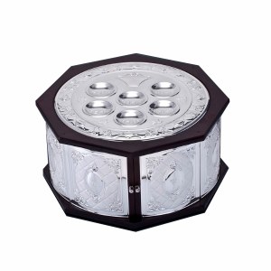 Hazorfim 3-Tier Seder Plate Wood and Silver Diamond and Floral Design