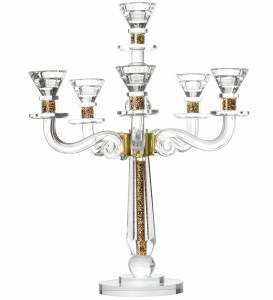 Crystal Candelabra 6 Branch Gold Stones in Stem 2 Tier Base 17.5"