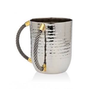 Hammered Metal Wash Cup Silver Color Cable Design Handles
