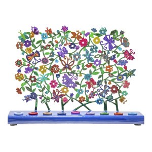 Yair Emanuel Metal Candle Menorah Hand Painted Laser Cut Design Butterflies