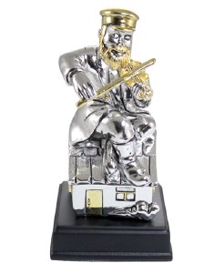 Silver Colored Polyresin Figurine Hassidic Man Sitting on Stage "Fiddler on the Roof"