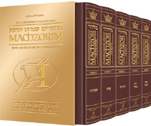 Artscroll Interlinear Machzorim Schottenstein Edition 5 Volume Slipcased Set Full Size Maroon Leather Ashkenaz
