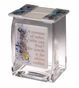 Tzedakah Box Fused Glass Woman of Valor Design