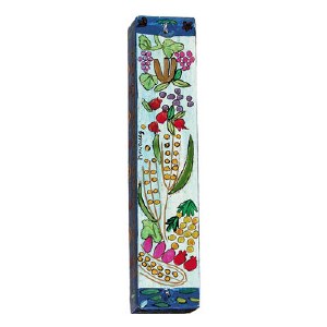 Yair Emanuel Wooden Mezuzah The Seven Species Design Square 15cm