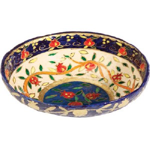 Yair Emanuel Paper Mache Bowl - Round Medium - White Pomegranates