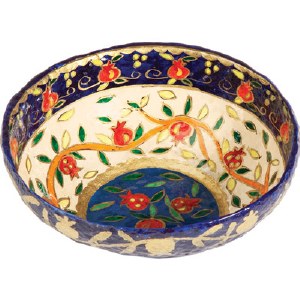 Yair Emanuel Paper Mache Bowl - Round Large - White Pomegranates