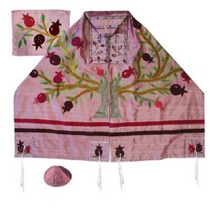 Yair Emanuel Embroidered Raw Silk Tallit Set with Tree of life and Pomegranates Pink 17" x 75"