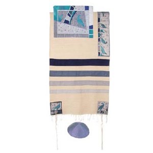 Yair Emanuel Raw Silk Appliqued Tallit Set - Birds 42" x 74"
