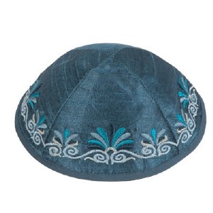 Yair Emanuel Blue Embroidered Kippah - Flowers