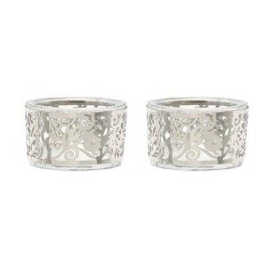 Yair Emanuel Glass Tealight Holder 2 Piece Set Metal Laser Cut Pomegranate Design Silver 2" x 1"
