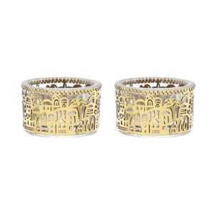 Yair Emanuel Glass Tealight Holder 2 Piece Set Brass Laser Cut Jerusalem Design Gold 2" x 1"