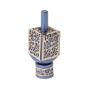 Decorative Dreidel on Base Blue Anodized Aluminum with Silver Colored Metal Cutout Floral Design Size Large by Yair Emanuel