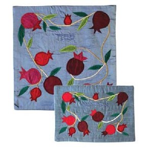 Yair Emanuel Raw Silk Matzah Cover and Afikoman Bag Set - Pomegranates on Light Blue