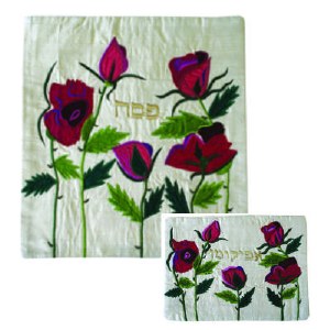 Yair Emanuel Raw Silk Matzah Cover and Afikoman Bag Set - Roses on White