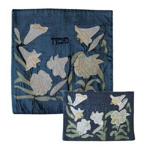 Yair Emanuel Raw Silk Matzah Cover and Afikoman Bag Set - Lilies on Blue