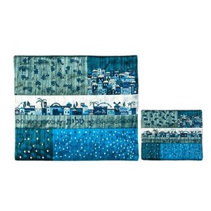 Yair Emanuel Embroidered Tallit and Tefillin Bag Set with Patches - Jerusalem Blue